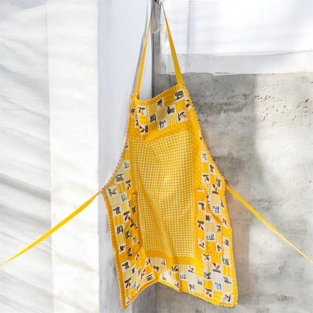 Never Used Portuguese Yellow Crochet Edges.  Gingham Apron with Rooster print